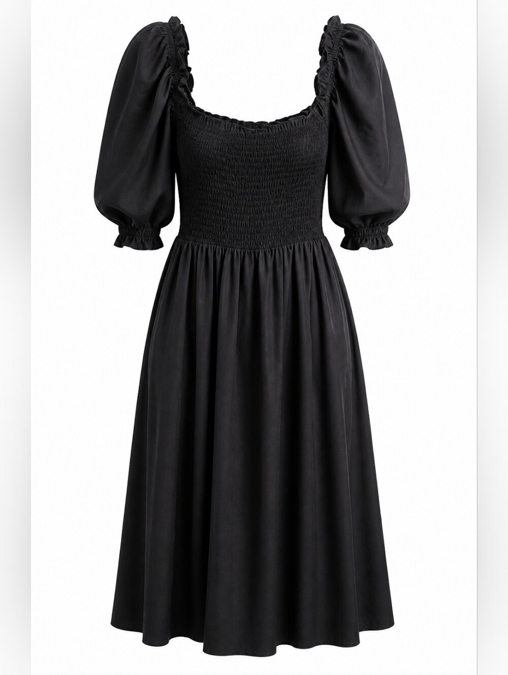 House of CB Silvana Black Puff Sleeve Midi Dress Smocked Square Neckline Size L